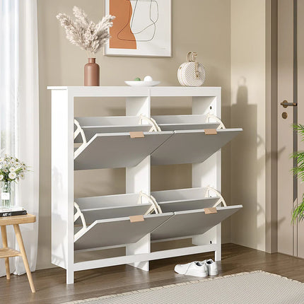 Livingandhome Flip Down Wood Shoe Cabinet in White for Hallway, Mudroom or Entryway