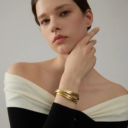 Yhpup 60mm Waterproof 316L Stainless Steel Round Smooth Bracelet Bangle Women Minimalist 18k Gold Color Texture Charm Jewelry