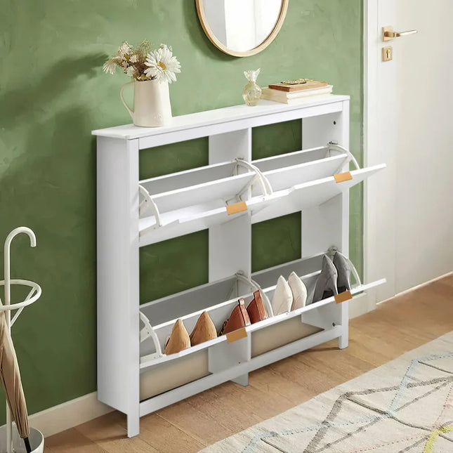 Livingandhome Flip Down Wood Shoe Cabinet in White for Hallway, Mudroom or Entryway