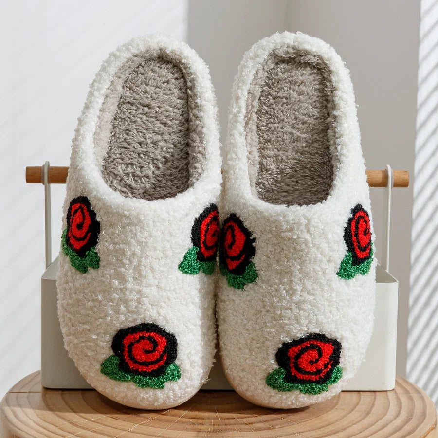 Women's Slippers Valentine's Day Rose Embroidery Fuzzy Romantic Love Comfy Flat Girl Valentine Gift Winter Home Shoes