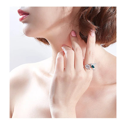 Fashionable hot selling new product, niche design, green hummingbird ring with adjustable opening