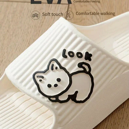 Fun Comfortable Women's SLippers Chic Cartoon Kawaii Cat Print Slides Slip-on Bathroom EVA Flat Heel Indoor Summer Fashion