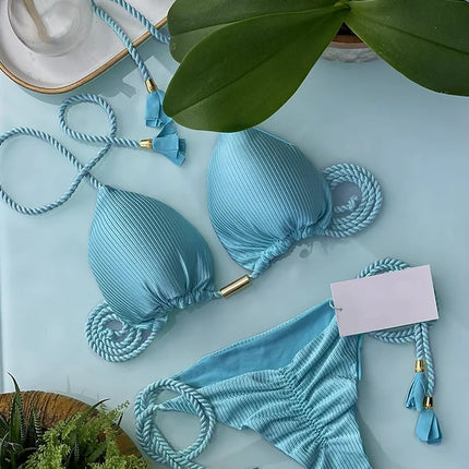 New Women Bikini Backless Rope Triangle Swimsuit Multicolor