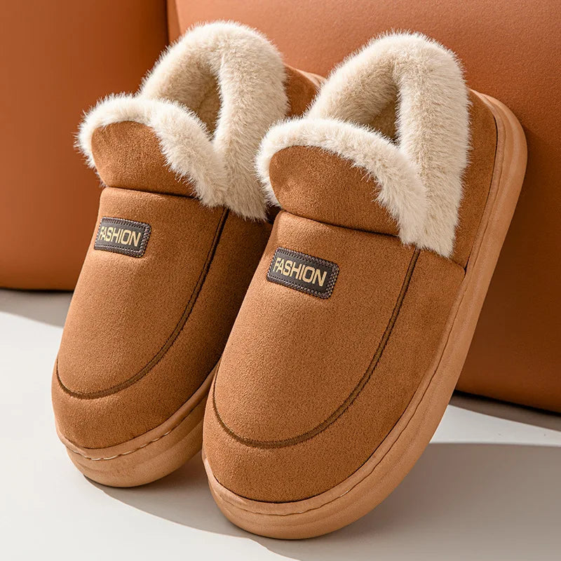 Comwarm Women Cotton Slippers Winter Warm Plush Lined Outdoor Slides Couple Non-slip Furry House Slippers Soft Cozy Cotton Shoes