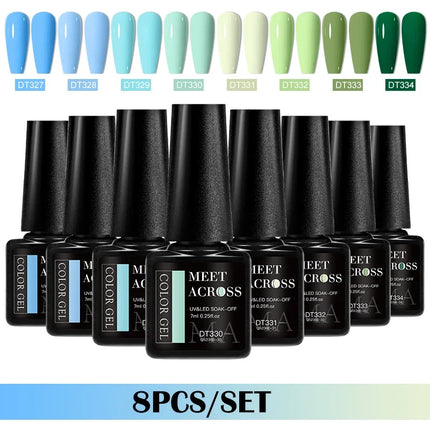 MEET ACROSS 8Pcs/Set Gel Nail Polish Set for All Season Neon Marcaron Green Red Series UV Gel Varnish Manicure Kit Nail Supplies