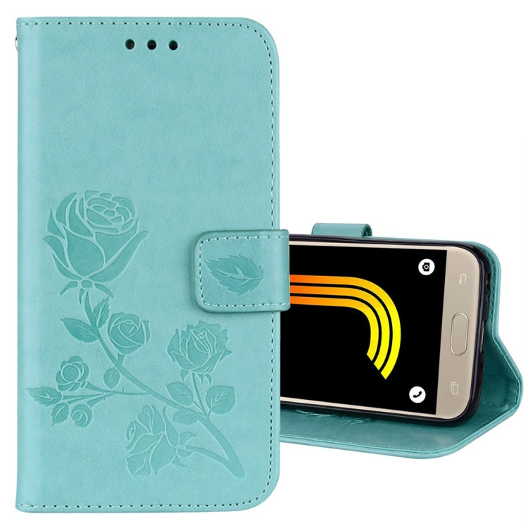 Für Galaxy J3 (2017) / J330 (EU-Version) mit Rosen, gepresstem Blumenmuster, horizontales Klappetui aus Leder mit Halterung, Kartenfächern und Geldbörse, für Samsung Galaxy J3 (2017) / J330 (EU-Version), für Galaxy J3 (2017) / J330 (EU-Version)