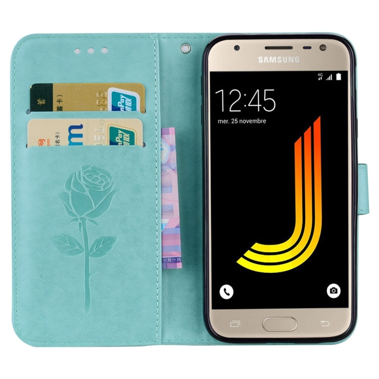 Für Galaxy J3 (2017) / J330 (EU-Version) mit Rosen, gepresstem Blumenmuster, horizontales Klappetui aus Leder mit Halterung, Kartenfächern und Geldbörse, für Samsung Galaxy J3 (2017) / J330 (EU-Version), für Galaxy J3 (2017) / J330 (EU-Version)