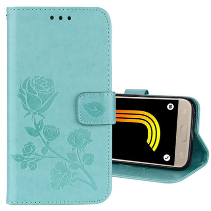 Für Galaxy J3 (2017) / J330 (EU-Version) mit Rosen, gepresstem Blumenmuster, horizontales Klappetui aus Leder mit Halterung, Kartenfächern und Geldbörse, für Samsung Galaxy J3 (2017) / J330 (EU-Version), für Galaxy J3 (2017) / J330 (EU-Version)