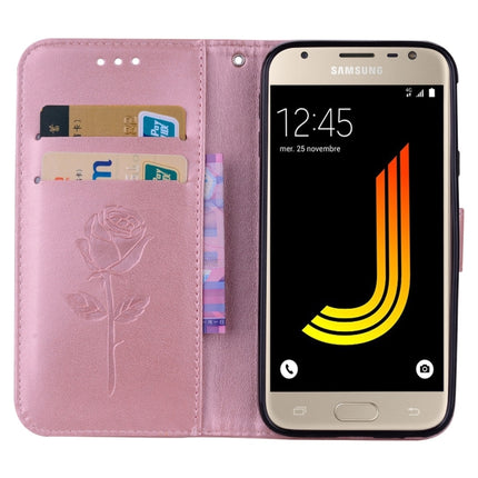 Für Galaxy J3 (2017) / J330 (EU-Version) mit Rosen, gepresstem Blumenmuster, horizontales Klappetui aus Leder mit Halterung, Kartenfächern und Geldbörse, für Samsung Galaxy J3 (2017) / J330 (EU-Version), für Galaxy J3 (2017) / J330 (EU-Version)