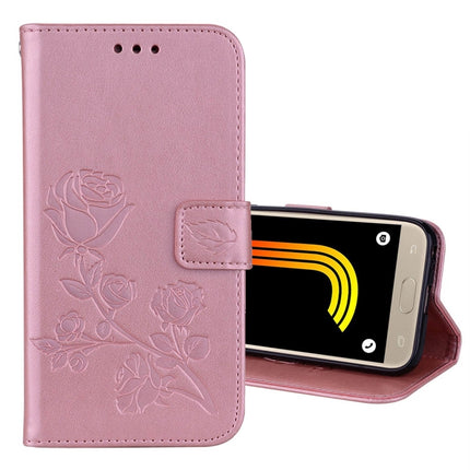Für Galaxy J3 (2017) / J330 (EU-Version) mit Rosen, gepresstem Blumenmuster, horizontales Klappetui aus Leder mit Halterung, Kartenfächern und Geldbörse, für Samsung Galaxy J3 (2017) / J330 (EU-Version), für Galaxy J3 (2017) / J330 (EU-Version)