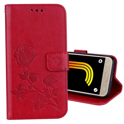 Für Galaxy J3 (2017) / J330 (EU-Version) mit Rosen, gepresstem Blumenmuster, horizontales Klappetui aus Leder mit Halterung, Kartenfächern und Geldbörse, für Samsung Galaxy J3 (2017) / J330 (EU-Version), für Galaxy J3 (2017) / J330 (EU-Version)