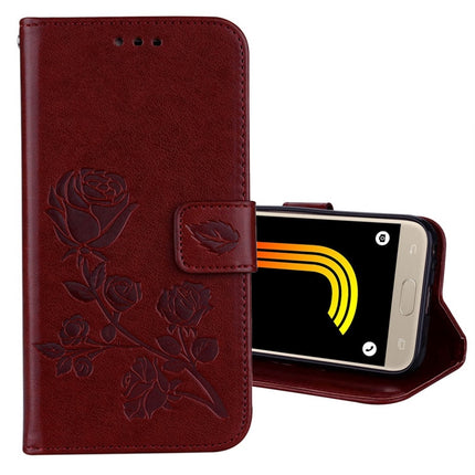 Für Galaxy J3 (2017) / J330 (EU-Version) mit Rosen, gepresstem Blumenmuster, horizontales Klappetui aus Leder mit Halterung, Kartenfächern und Geldbörse, für Samsung Galaxy J3 (2017) / J330 (EU-Version), für Galaxy J3 (2017) / J330 (EU-Version)
