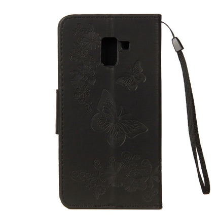 Para Galaxy A8 (2018) Funda de cuero con tapa horizontal con diseño de mariposas y flores en relieve vintage con ranura para tarjetas, soporte, billetera y cordón, para Galaxy A8 (2018)