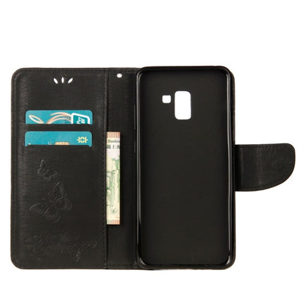 Para Galaxy A8 (2018) Funda de cuero con tapa horizontal con diseño de mariposas y flores en relieve vintage con ranura para tarjetas, soporte, billetera y cordón, para Galaxy A8 (2018)