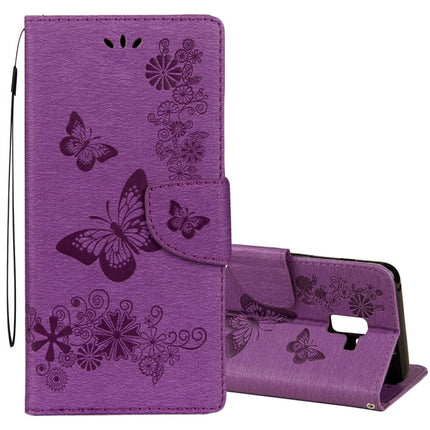 Para Galaxy A8 (2018) Funda de cuero con tapa horizontal con diseño de mariposas y flores en relieve vintage con ranura para tarjetas, soporte, billetera y cordón, para Galaxy A8 (2018)