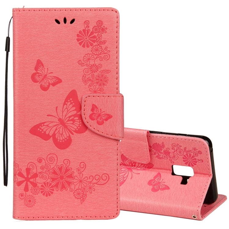 Para Galaxy A8+ (2018) Funda de cuero con tapa horizontal con diseño de mariposas y flores en relieve vintage con ranura para tarjetas, soporte, billetera y cordón, para Galaxy A8+ (2018)