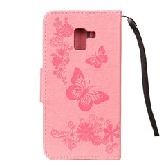 Para Galaxy A8+ (2018) Funda de cuero con tapa horizontal con diseño de mariposas y flores en relieve vintage con ranura para tarjetas, soporte, billetera y cordón, para Galaxy A8+ (2018)