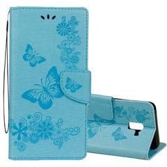 Para Galaxy A8+ (2018) Funda de cuero con tapa horizontal con diseño de mariposas y flores en relieve vintage con ranura para tarjetas, soporte, billetera y cordón, para Galaxy A8+ (2018)