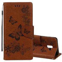 Para Galaxy A8+ (2018) Funda de cuero con tapa horizontal con diseño de mariposas y flores en relieve vintage con ranura para tarjetas, soporte, billetera y cordón, para Galaxy A8+ (2018)