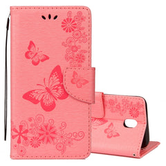 Para Galaxy J7 (2017) (versión UE) Funda de cuero con tapa horizontal con diseño de mariposas y flores prensadas con soporte, ranuras para tarjetas, billetera y cordón, para Galaxy J7 (2017) (versión UE)