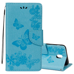 Para Galaxy J7 (2017) (versión UE) Funda de cuero con tapa horizontal con diseño de mariposas y flores prensadas con soporte, ranuras para tarjetas, billetera y cordón, para Galaxy J7 (2017) (versión UE)