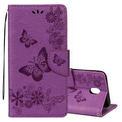 Para Galaxy J7 (2017) (versión UE) Funda de cuero con tapa horizontal con diseño de mariposas y flores prensadas con soporte, ranuras para tarjetas, billetera y cordón, para Galaxy J7 (2017) (versión UE)