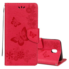 Para Galaxy J7 (2017) (versión UE) Funda de cuero con tapa horizontal con diseño de mariposas y flores prensadas con soporte, ranuras para tarjetas, billetera y cordón, para Galaxy J7 (2017) (versión UE)