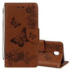 Para Galaxy J7 (2017) (versión UE) Funda de cuero con tapa horizontal con diseño de mariposas y flores prensadas con soporte, ranuras para tarjetas, billetera y cordón, para Galaxy J7 (2017) (versión UE)