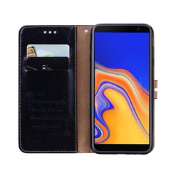 Horizontale Klapphülle aus Leder im Business-Stil mit Ölwachs-Textur für Galaxy J4+, mit Halter &amp; Kartenfächern &amp; Geldbörse, für Galaxy J4+