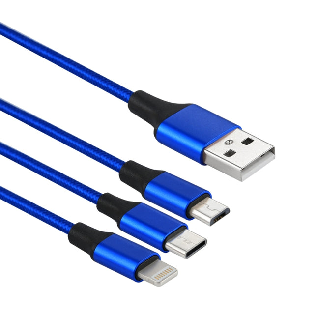 Cable de carga de nailon trenzado 3 en 1, 2 A, 1,2 m, USB a 8 pines, USB-C, tipo C y micro USB