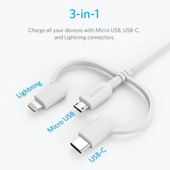 ANKER 3 in 1 8 Pin + Micro USB + USB-C / Type-C Interface MFI Certificated Data Cable