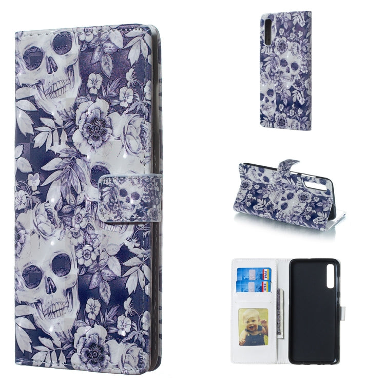 Skull and Flower Pattern 3D Horizontal Flip Leather Case for Galaxy A70, with Holder & Card Slots & Photo Frame & Wallet, Galaxy A70