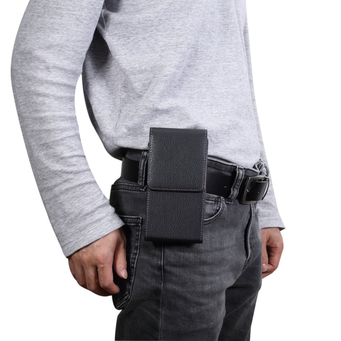 Estuche de cuero con textura de lichi para teléfono móvil portátil con hebilla trasera y manga vertical para la cintura para teléfonos inteligentes de 6,3 pulgadas o menos, textura de lichi de 6,3 pulgadas