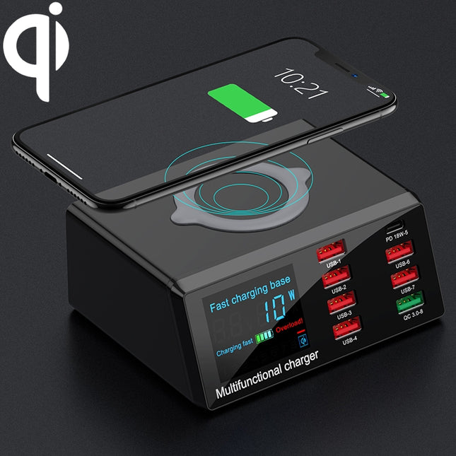 X9 9 in 1 QC 3.0 USB-Schnittstelle + 6 USB-Anschlüsse + PD 65 W-Anschlüsse + QI Wireless Fast Charging Multifunktionsladegerät mit LED-Anzeige, X9