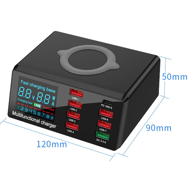 X9 9 in 1 QC 3.0 USB-Schnittstelle + 6 USB-Anschlüsse + PD 65 W-Anschlüsse + QI Wireless Fast Charging Multifunktionsladegerät mit LED-Anzeige, X9