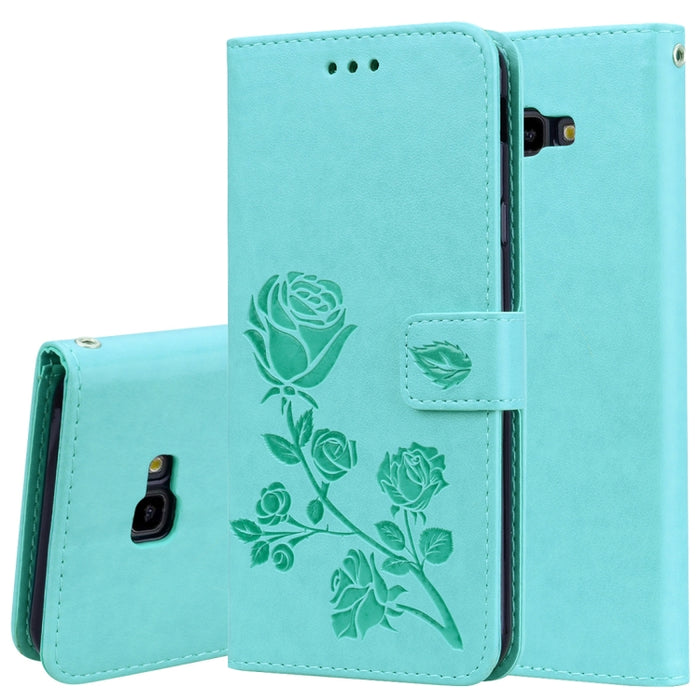 Funda de piel sintética con tapa horizontal con relieve de rosa para Samsung Galaxy J4 Plus, con soporte, ranuras para tarjetas y billetera, para Samsung Galaxy J4 Plus