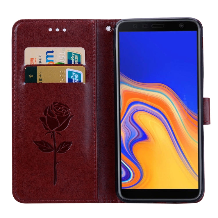 Horizontale Klapphülle aus PU-Leder mit Rosenprägung für Samsung Galaxy J4 Plus, mit Halter &amp; Kartenfächern &amp; Geldbörse, für Samsung Galaxy J4 Plus