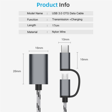 USB 3.0 Female to Micro USB + USB-C / Type-C Male Charging + Transmission OTG Nylon Braided Adapter Cable, Cable Length: 17cm