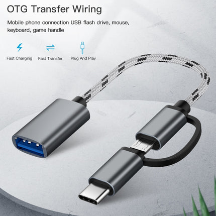 USB 3.0 Female to Micro USB + USB-C / Type-C Male Charging + Transmission OTG Nylon Braided Adapter Cable, Cable Length: 17cm