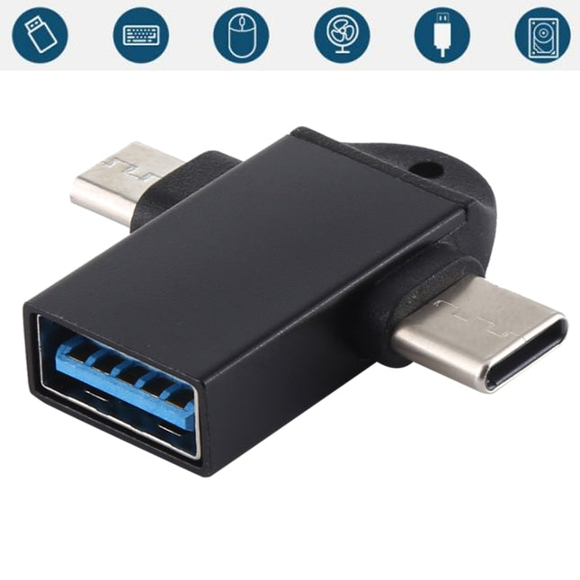USB 3.0 Female to USB-C / Type-C Male + Micro USB Male Multi-function OTG Adapter with Sling Hole