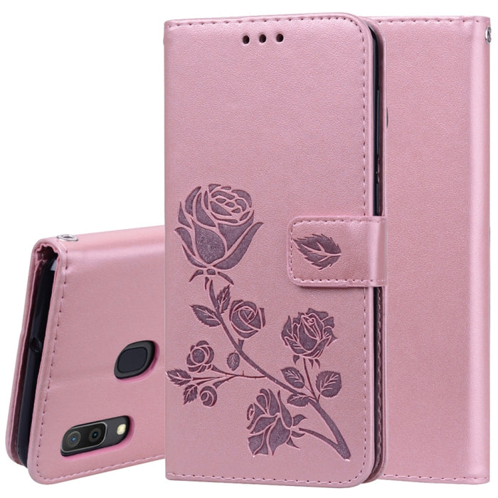 Horizontale Klapphülle aus PU-Leder mit Rosenprägung für Galaxy A30 / A20, mit Halter &amp; Kartenfächern &amp; Geldbörse, für Samsung Galaxy A30 / A20
