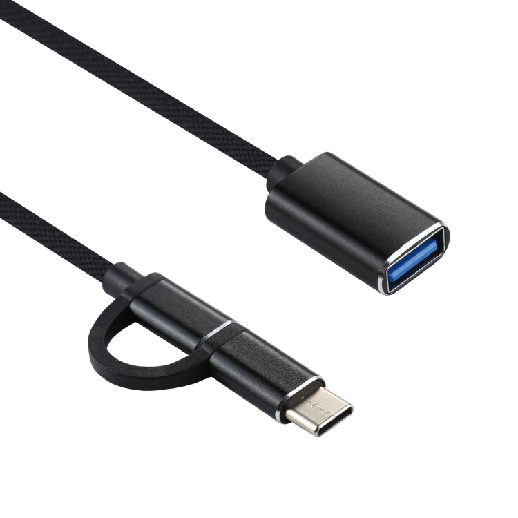 USB 3.0 Female to Micro USB + USB-C / Type-C Male Charging + Transmission OTG Nylon Braided Adapter Cable, Cable Length: 11cm