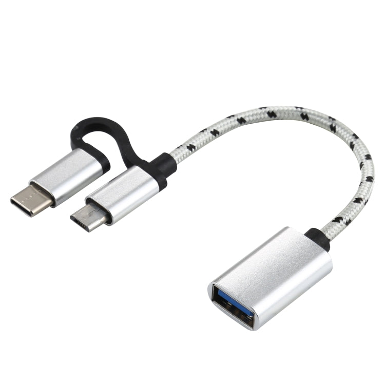 USB 3.0 Female to Micro USB + USB-C / Type-C Male Charging + Transmission OTG Nylon Braided Adapter Cable, Cable Length: 11cm