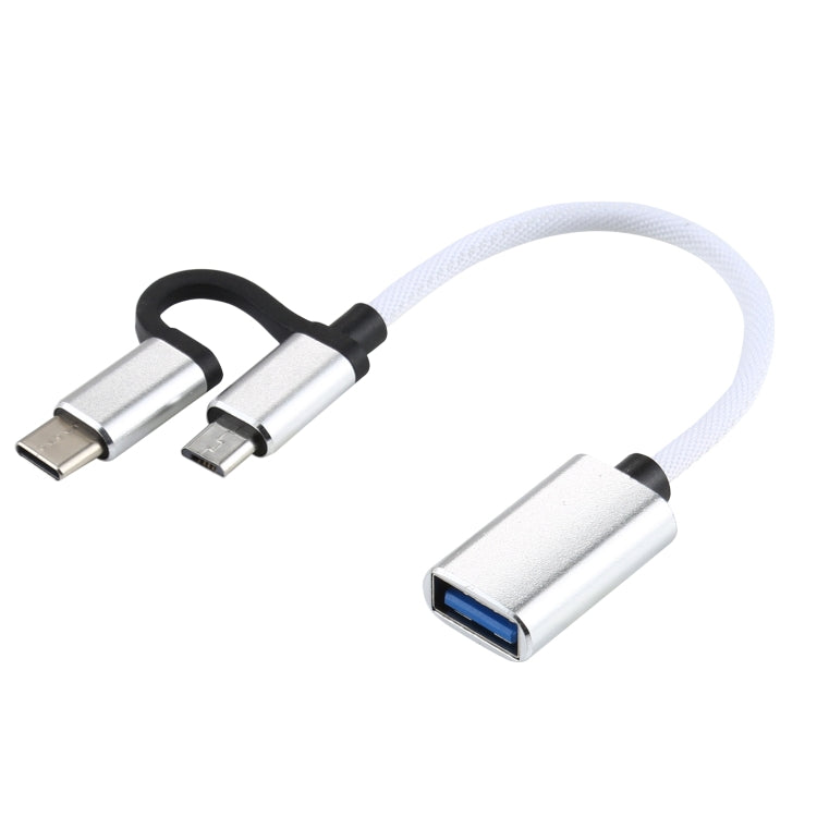 USB 3.0 Female to Micro USB + USB-C / Type-C Male Charging + Transmission OTG Nylon Braided Adapter Cable, Cable Length: 11cm