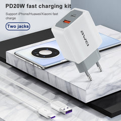 awei PD4 20W PD Type-C + QC 3.0 USB Interface Fast Charging Travel Charger with Data Cable, EU Plug