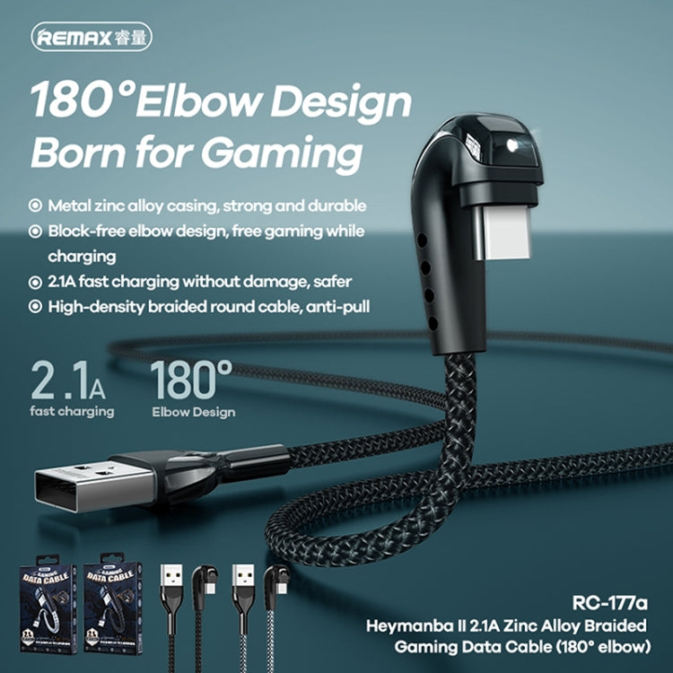 REMAX RC-177a Heymanba II 2.1A USB to USB-C / Type-C 180 Degrees Elbow Zinc Alloy Braided Gaming Data Cable, Cable Length: 1m, RC-177a