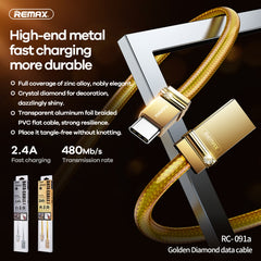 REMAX RC-091a 2.4A USB to USB-C / Type-C Golden Diamond Data Sync Charging Cable, Cable Length: 1m, RC-091a