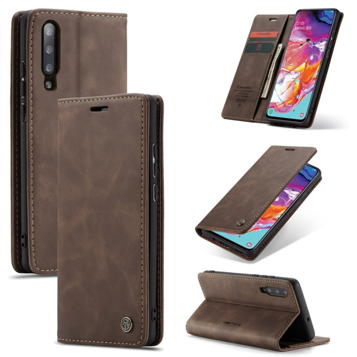 CaseMe-013 Funda de cuero multifuncional con tapa horizontal esmerilada retro para Galaxy A70, con ranura para tarjetas, soporte, billetera con cremallera y marco para fotos, para Galaxy A70