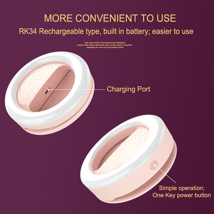 Luz de belleza recargable para selfies RK34, luz de relleno con flash y clip para selfies