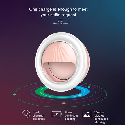 Luz de belleza recargable para selfies RK34, luz de relleno con flash y clip para selfies